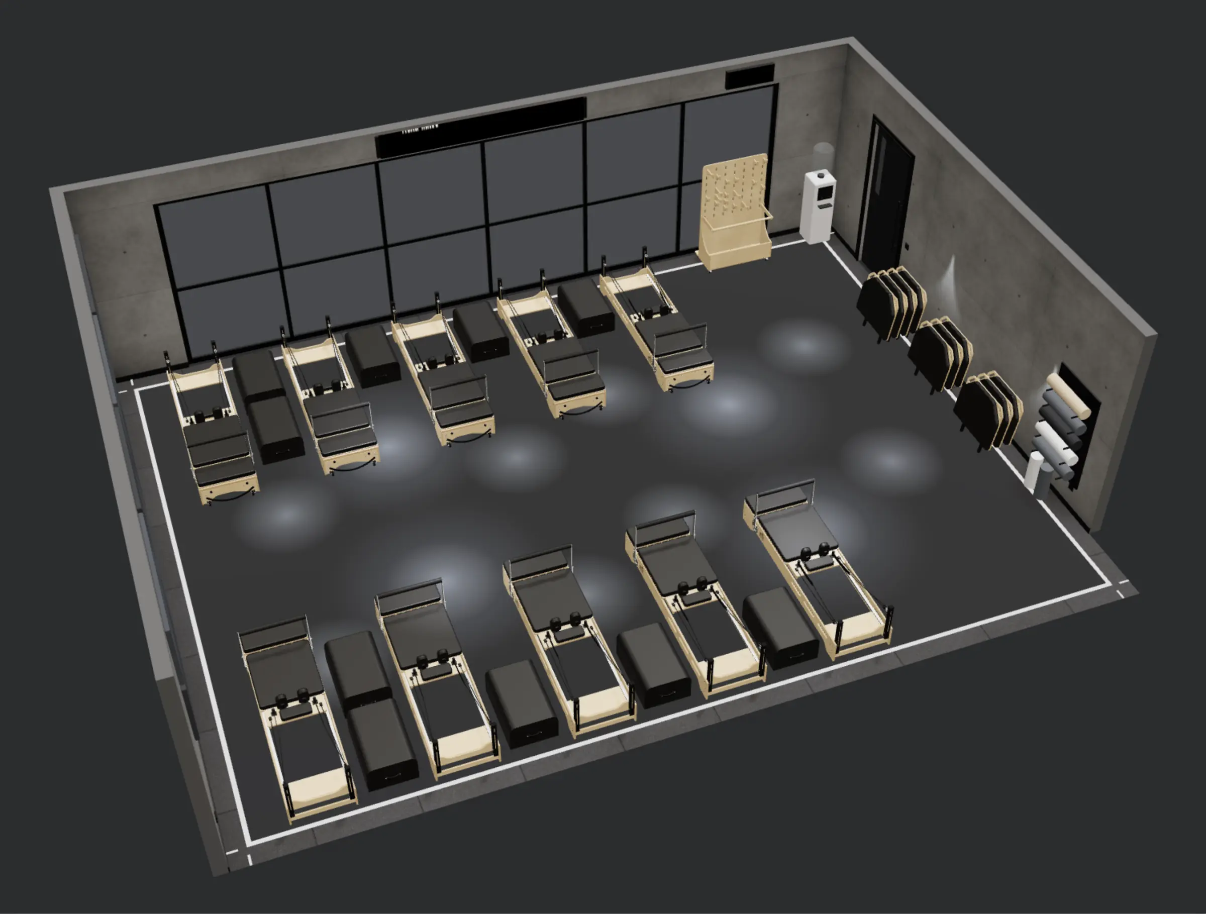 3D-планировка студии пилатеса с оборудованием NextPilates